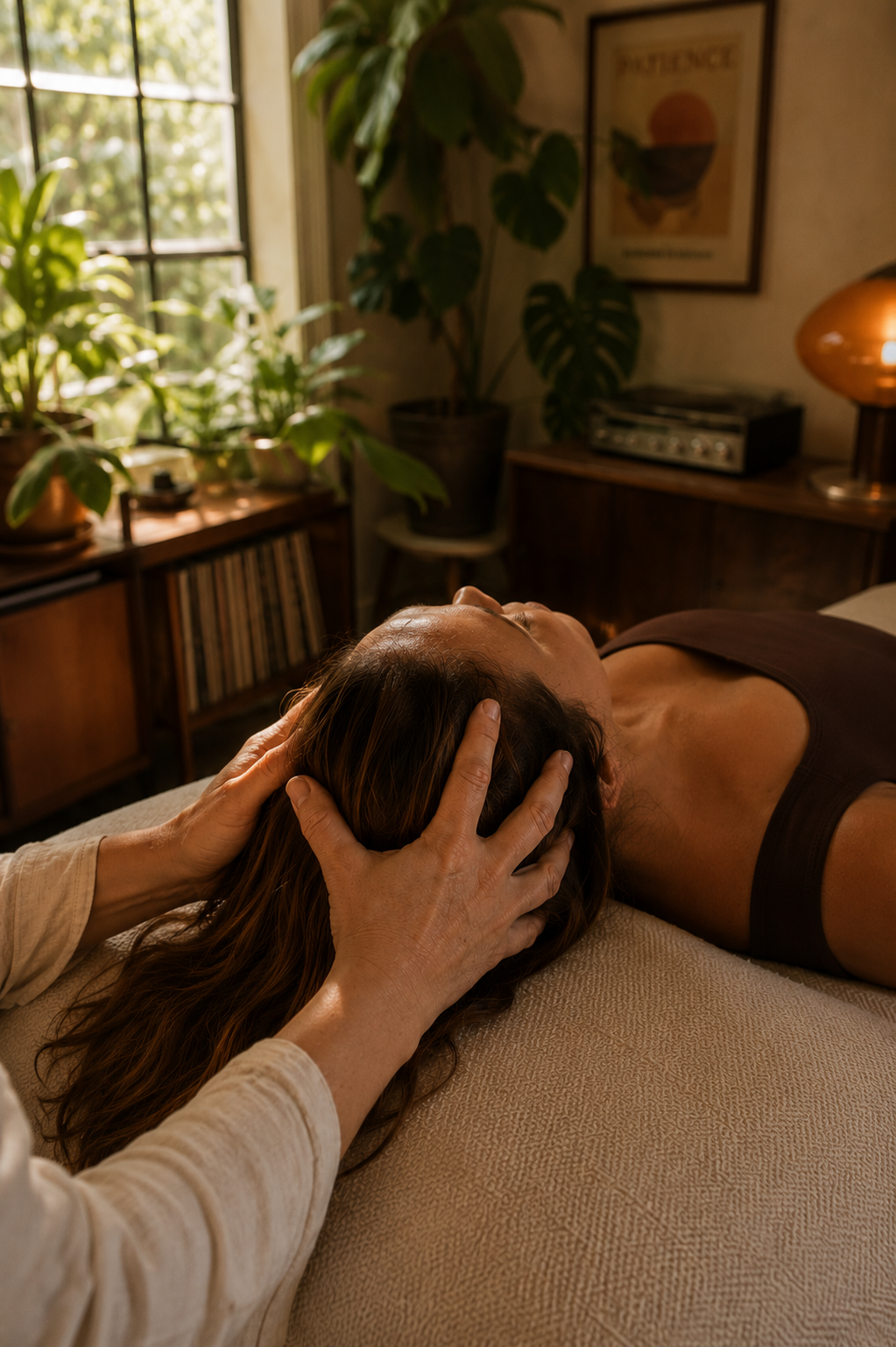 CranioSacral Therapy session with gentle hands supporting the head