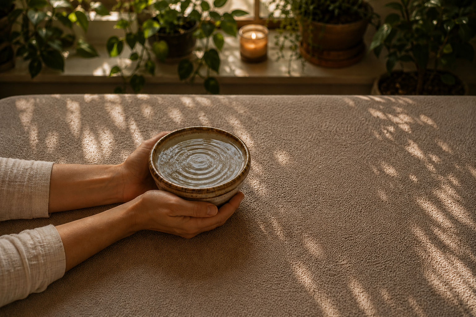 Hands gently holding a water-filled ceramic bowl, a metaphor for supporting the craniosacral system