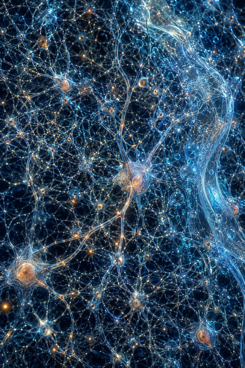 An illustration of the nervous system as a luminous web